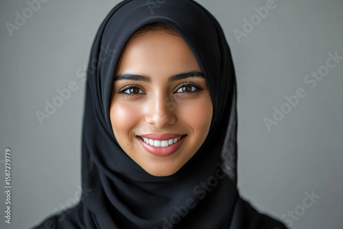 Portrait of a smiling Arab middle eastern woman in black hijab, isolated on transparent background