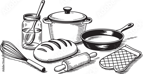 Whisk pot bread pan rolling pin jar oven mitt baking cooking