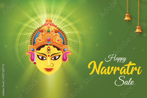 Goddess Durga On Green Background With Hanging Bells. Shubh Navratri Sale Indian Hindu Festival Concept For Greetings, Poster, Banner Etc.