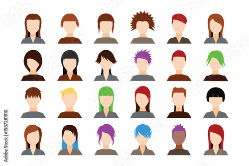 Diverse Avatar Collection: A vibrant array of stylized avatars, showcasing varied hairstyles and appearances, symbolizing individuality and digital representation.