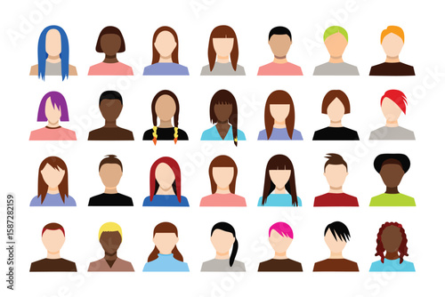 Diverse Community: A vibrant array of stylized portraits representing a diverse community, showcasing varied hairstyles and skin tones, fostering inclusivity and celebrating human diversity.