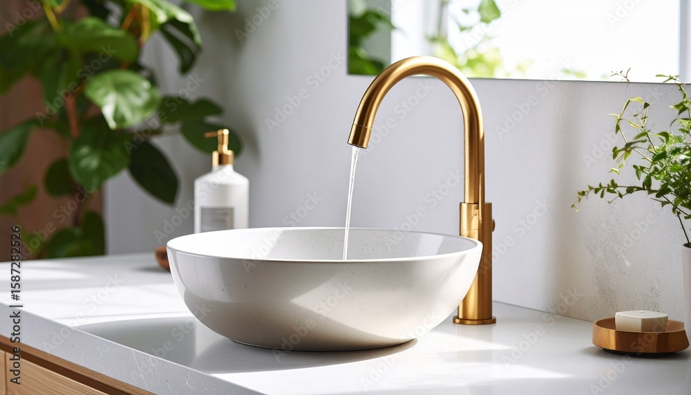 Fototapeta premium A modern bathroom scene featuring a golden faucet with water flowing into a white basin.