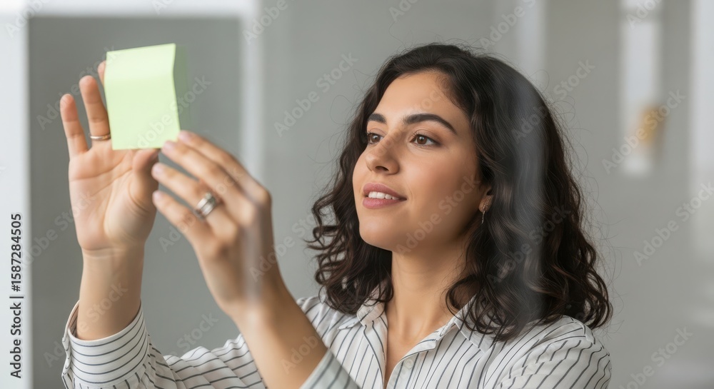 Photo of businesswoman putting sticky note on glass wall for planning Photo of businesswoman putting sticky note on glass wall for planning