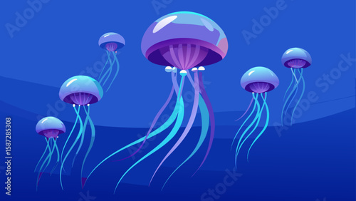 Graceful jellyfish float in the deep blue sea, a captivating aquatic scene ideal for marine biology resources and oceanic themed backgrounds.