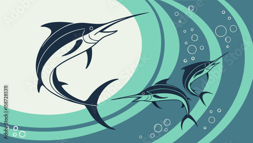 Graceful marlin fish swimming in ocean current, a marine life nautical thematic perfect for branding, logos, or ocean-themed designs.