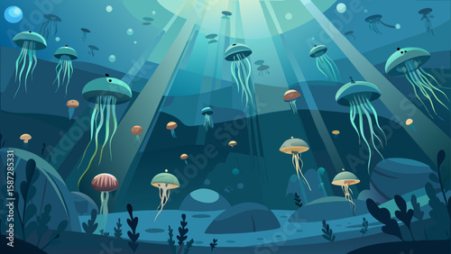 Graceful jellyfish swim beneath the ocean surface in this colorful aquatic seabed design, perfect for marine life enthusiasts and ocean themed projects.