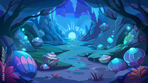 Explore a vibrant, cartoon cavern with glowing mushrooms and a serene river, perfect for fantasy game design and scenic backgrounds.