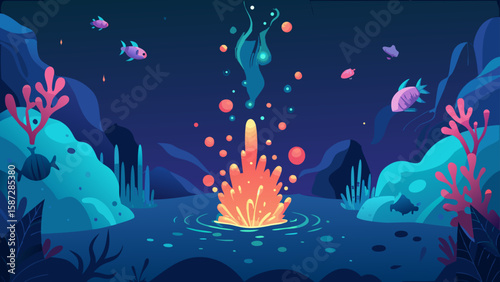 An enchanting ocean scene presents vibrant coral reefs and playful fish swimming in deep blue waters, perfect for backgrounds or playful themes.