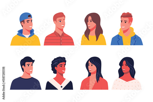 Diverse Collection of People Portraits: A vibrant compilation of diverse faces and expressions, showcasing a range of individuals in a modern, graphic style.