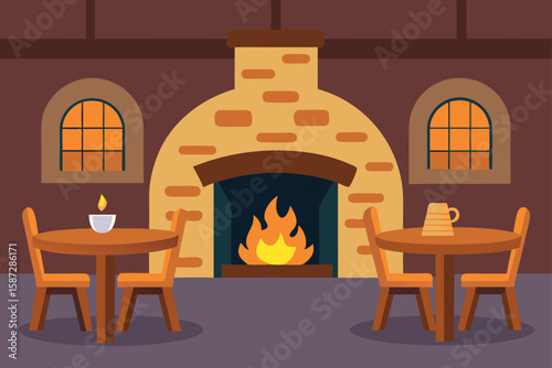 cozy fireplace lit dining area with wood