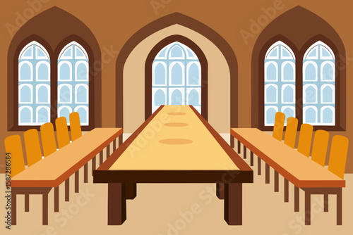 historical dining hall with long oak table