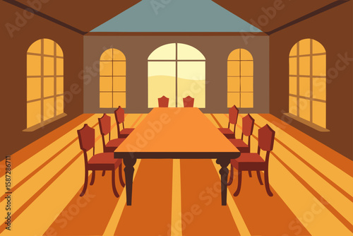 large sunlit dining room with parquet floor
