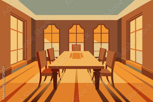 large sunlit dining room with parquet floor