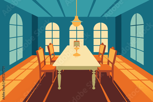 large sunlit dining room with parquet floor