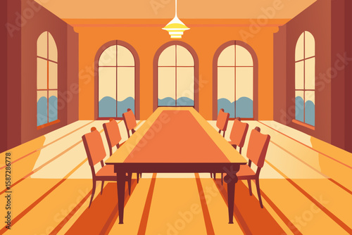 large sunlit dining room with parquet floor