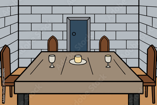 monastery style stone dining room with heavy wood