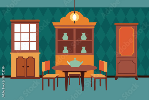 retro european dining room with wooden hutch