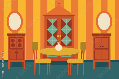 retro european dining room with wooden hutch