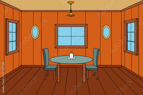 room with vintage wood paneling  tall windows
