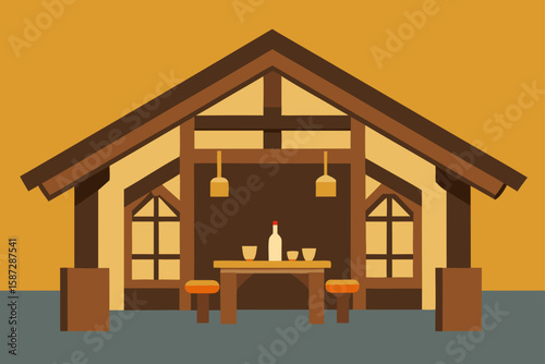 rustic tavern with aged wood beams and handmade