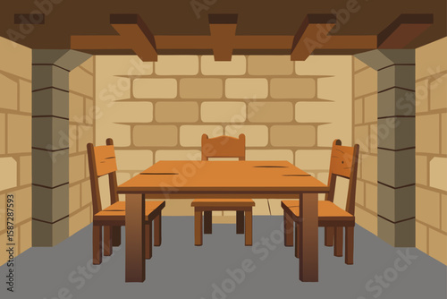 rustic wooden dining table in old stone walled