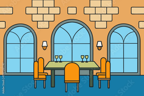 stone manor dining interior with arched windows