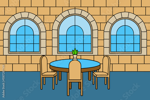 stone manor dining interior with arched windows