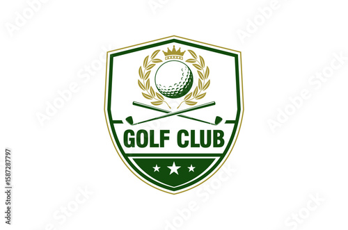Golf club logo with a shield, golf ball, and crossed clubs.