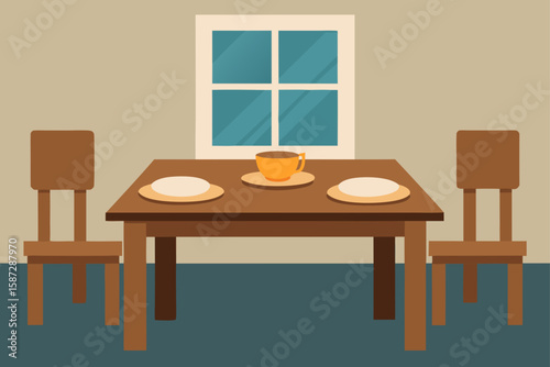 wooden farmhouse dining table with ceramic plate