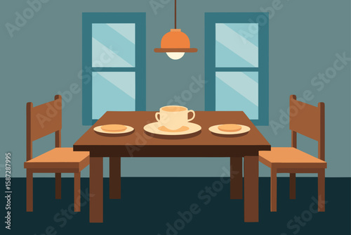 wooden farmhouse dining table with ceramic plate