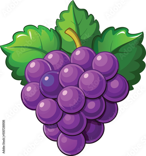 Cartoon Illustration of a Bunch of Purple Grapes with Green Leaves