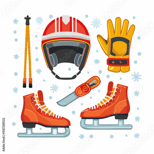 icon set of ice skating equipment: ice skates, helmet, gloves, knee pads, skate bag, flat design style with clear outlines