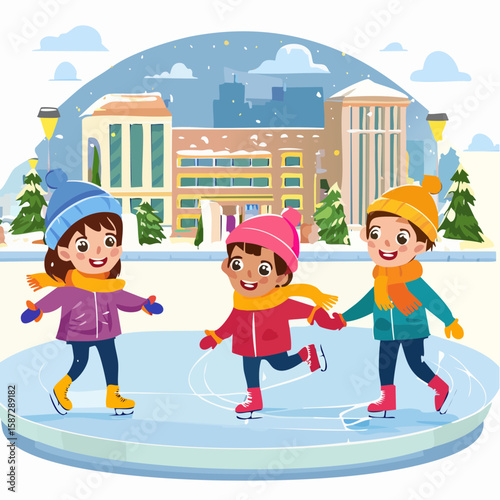 Colorful vector graphic of kids learning to ice skate, wearing winter clothes, joyful expressions, ice rink in the background, playful style