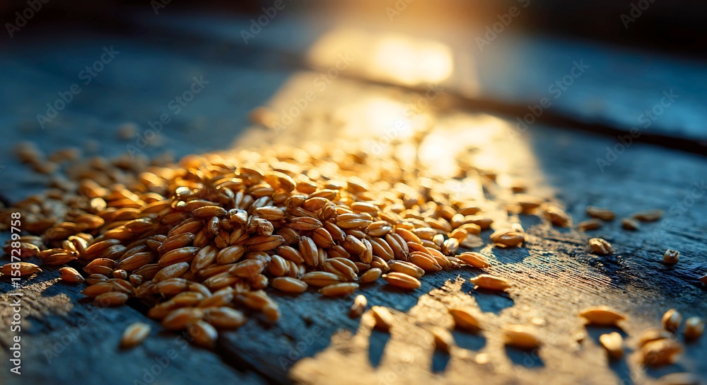 Obraz premium Golden wheat grains scattered on a weathered wooden surface bathed in warm sunlight creating a beautiful bokeh effect
