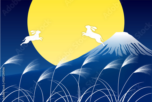十五夜　月見　富士山　背景