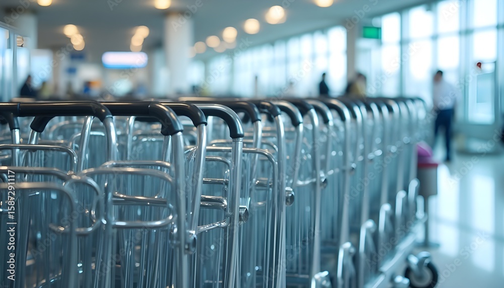 Fototapeta premium Row of Empty Luggage Carts at an Airport