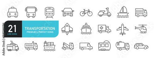 Set of line icons related to transportation, vehicle, car. Outline icons collection. Editable stroke. Vector illustration