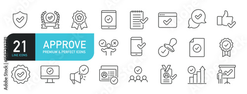 Set of line icons related to approve, validation, accept, checkmark. Outline icons collection. Editable stroke. Vector illustration
