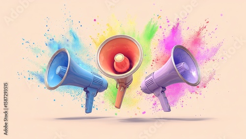 Three colorful megaphones surrounded by vibrant powder explosions on a pastel background