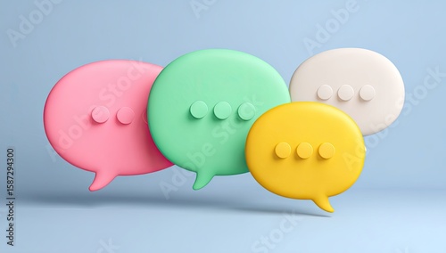 Four colorful speech bubbles, light pastel colors, on a light blue background, 3D rendered