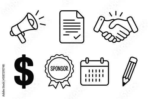 Hand-Drawn Sponsorship & Business Icons: Megaphone, Contract, Deal, and Event Symbols

