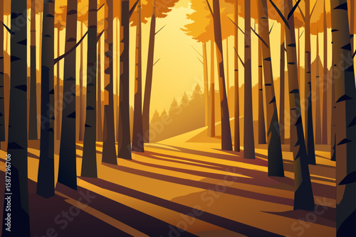 Vector forest road, sunset landscape, golden hour, tree lined path, nature scenery