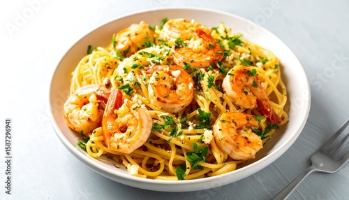 Plate of spaghetti with shrimp