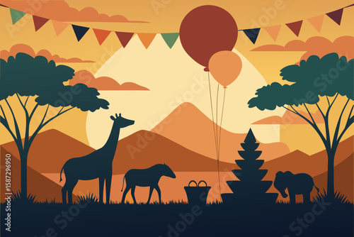 African savannah, wildlife silhouettes, colorful balloons, festive banner, sunset landscape, vector icons