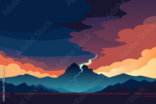 Electric stormy weather, dramatic mountain landscape, vector illustration, dark clouds with lightning