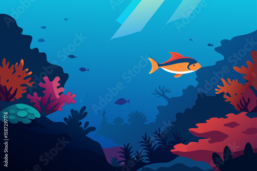 Underwater scene, colorful coral reef, ocean fish, aquatic life, vector illustration