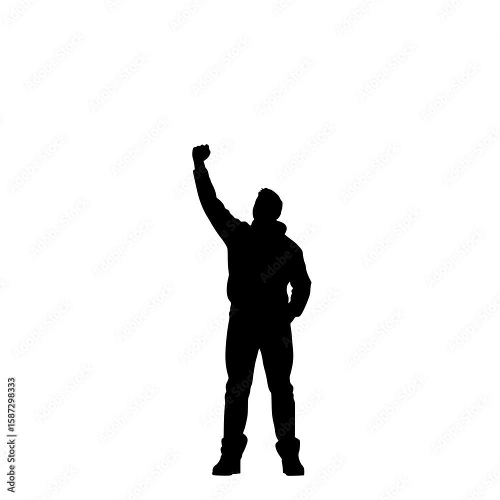 Silhouette of a Man Raising His Fist: A powerful black and white silhouette illustration depicts a man standing with his fist raised high, conveying strength, protest, or victory. Silhouette of a Man Raising His Fist: A powerful black and white silhouette illustration depicts a man standing with his fist raised high, conveying strength, protest, or victory.