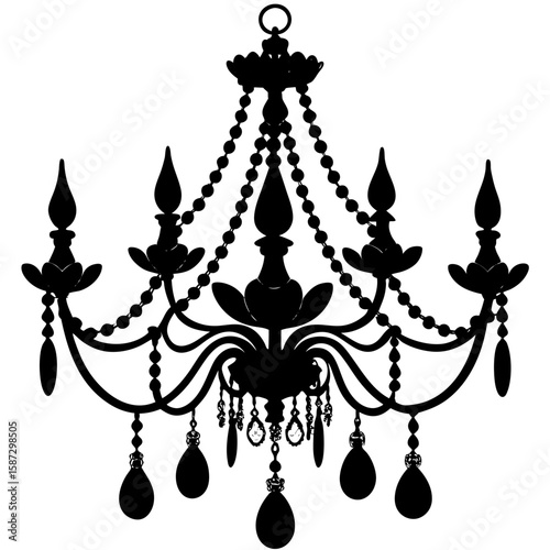 Elegant chandelier fixture hanging from ceiling silhouette vector illustration