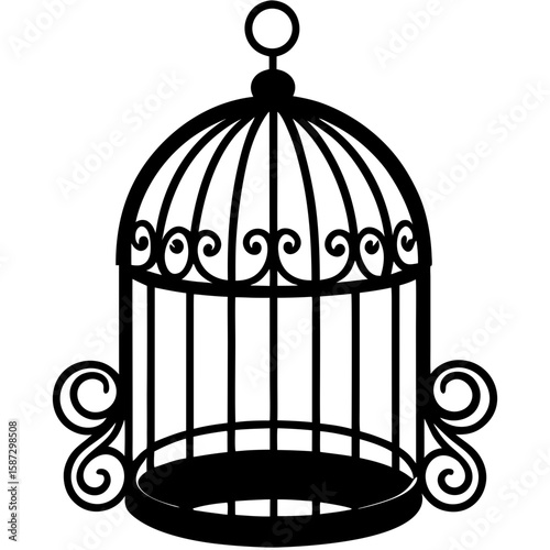 Detailed decorative empty birdcage silhouette vector illustration