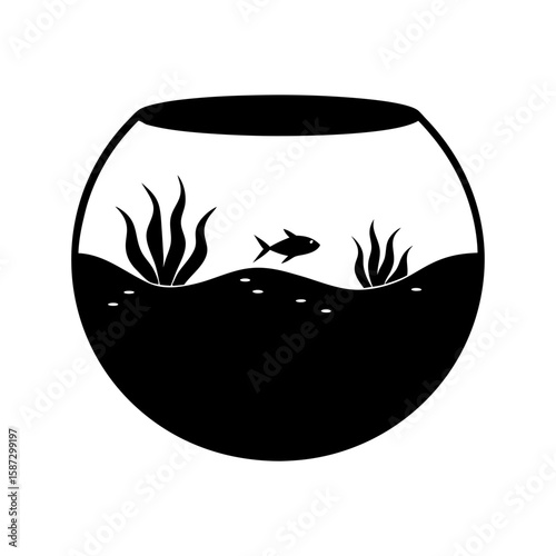 Aquarium bowl fish plants underwater life silhouette vector illustration